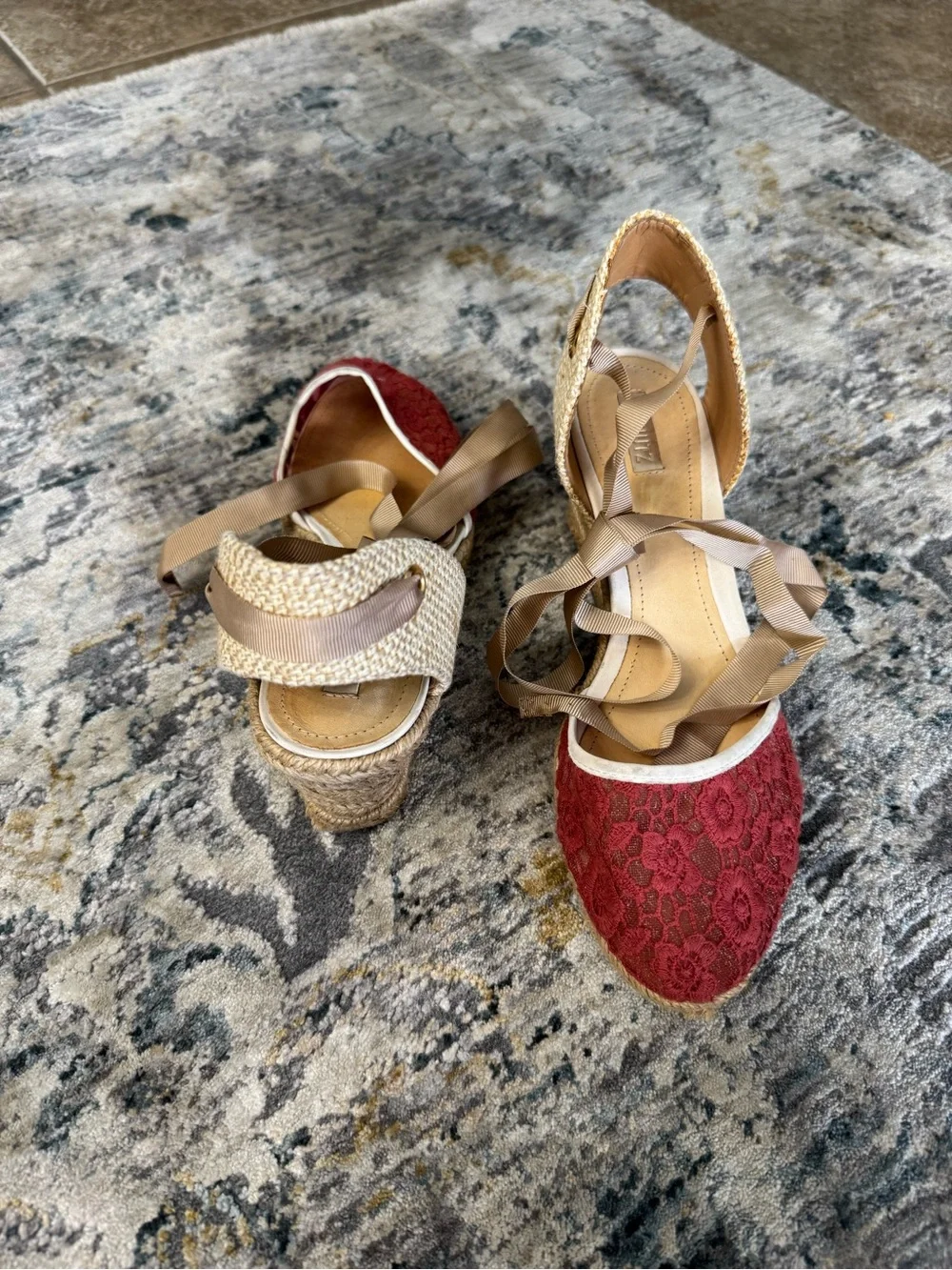 SCHUTZ Red Lace Espadrille Wedges with Tan Ankle Ties